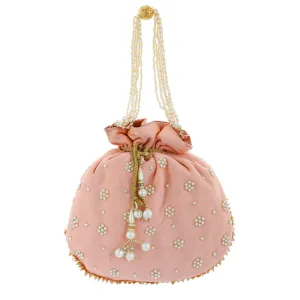 Heart Home Ethnic Clutch Silk Potli Batwa Pouch Bag with Beadwork Gift For Women (Peach) - CTHH13631