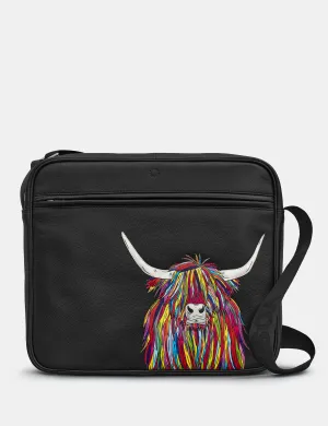Highland Cow Black Leather Messenger Bag