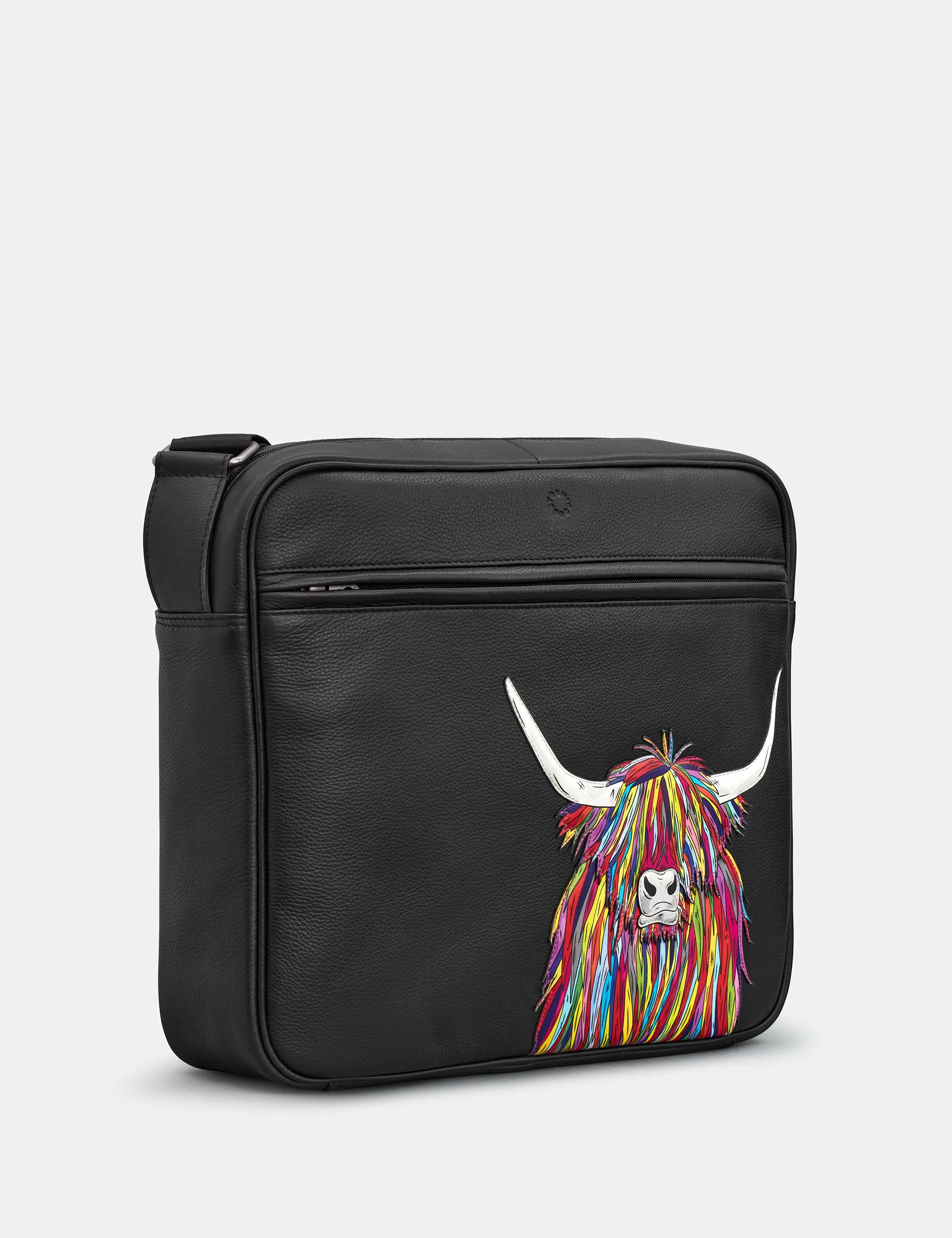 Highland Cow Black Leather Messenger Bag