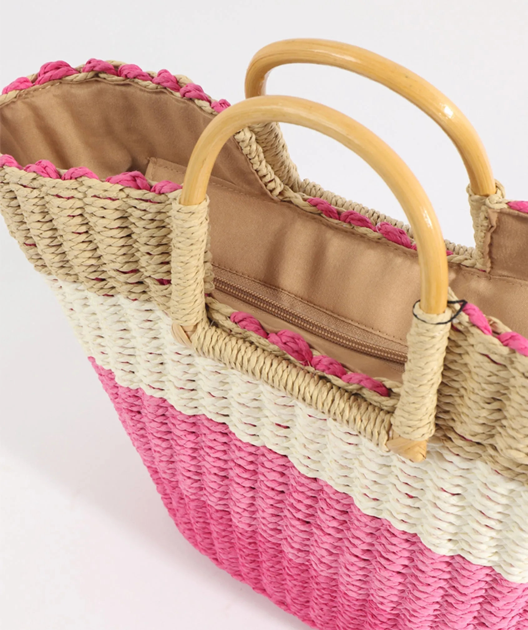 Hot Pink Striped Rattan Bag with Wooden Top Handles