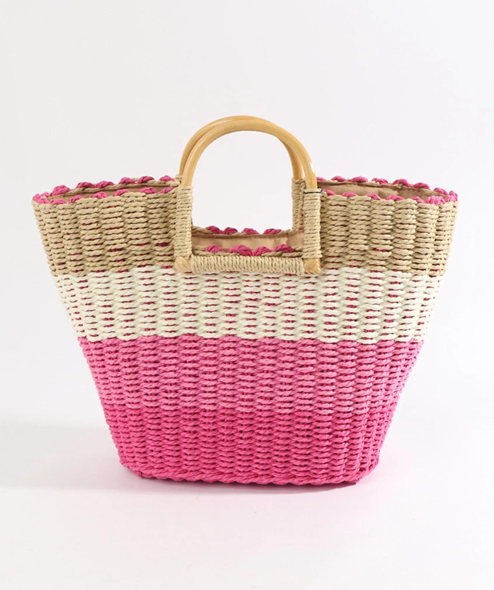Hot Pink Striped Rattan Bag with Wooden Top Handles