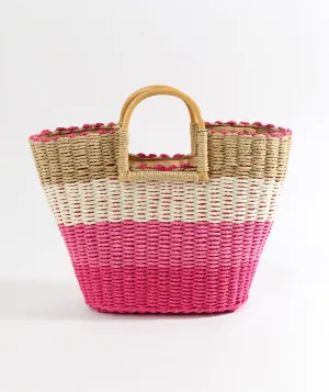 Hot Pink Striped Rattan Bag with Wooden Top Handles