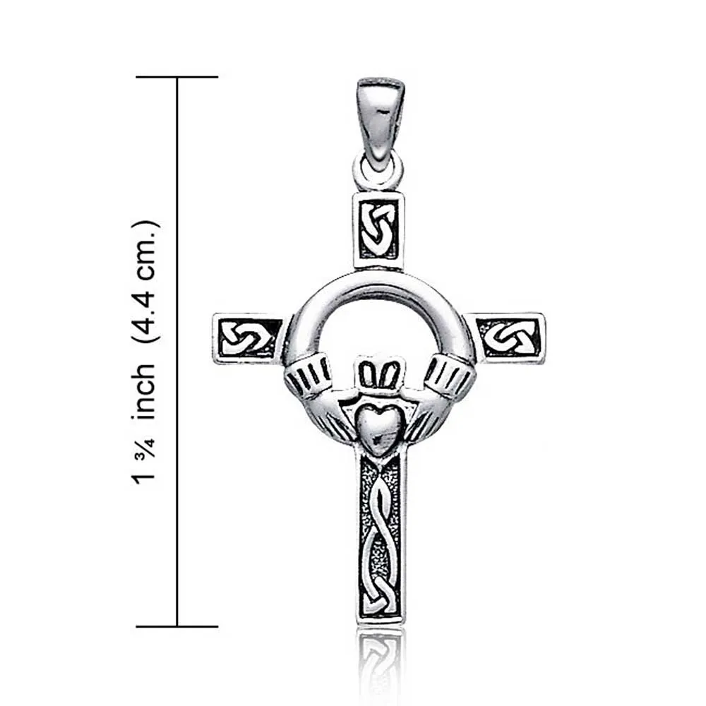 Irish Celtic Knot Claddagh Cross Pendant Necklace in Oxidized Sterling Silver
