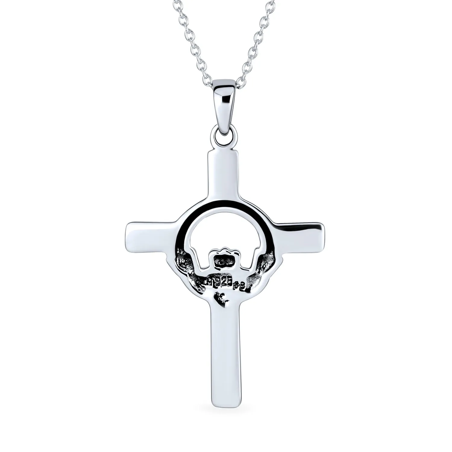 Irish Celtic Knot Claddagh Cross Pendant Necklace in Oxidized Sterling Silver