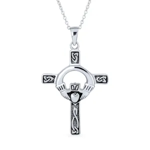 Irish Celtic Knot Claddagh Cross Pendant Necklace in Oxidized Sterling Silver