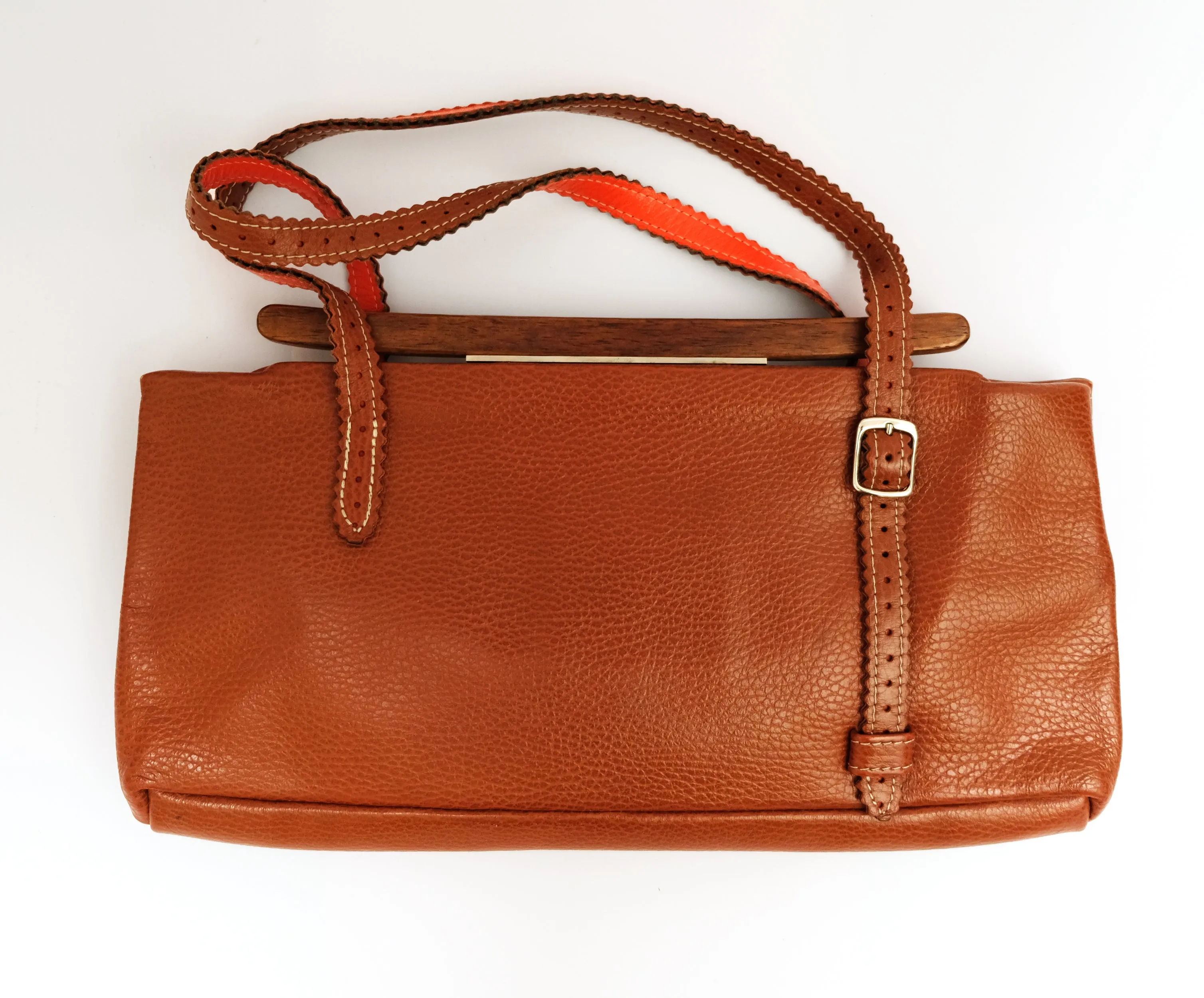 Jamin Puech Tooled Shoulder Bag in Tan Leather with Wooden Clasp