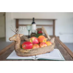 Kalalou - HAND CARVED MANGO WOOD REINDEER BOWL WITH METAL ANTLERS - NMAN1124
