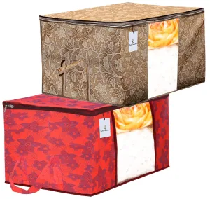 Kuber Industries Metalic Printed 2 Piece Non Woven Fabric Underbed Storage Bag,Cloth Organiser,Blanket Cover with Transparent Window, Beige & Red -CTKTC41045,standard