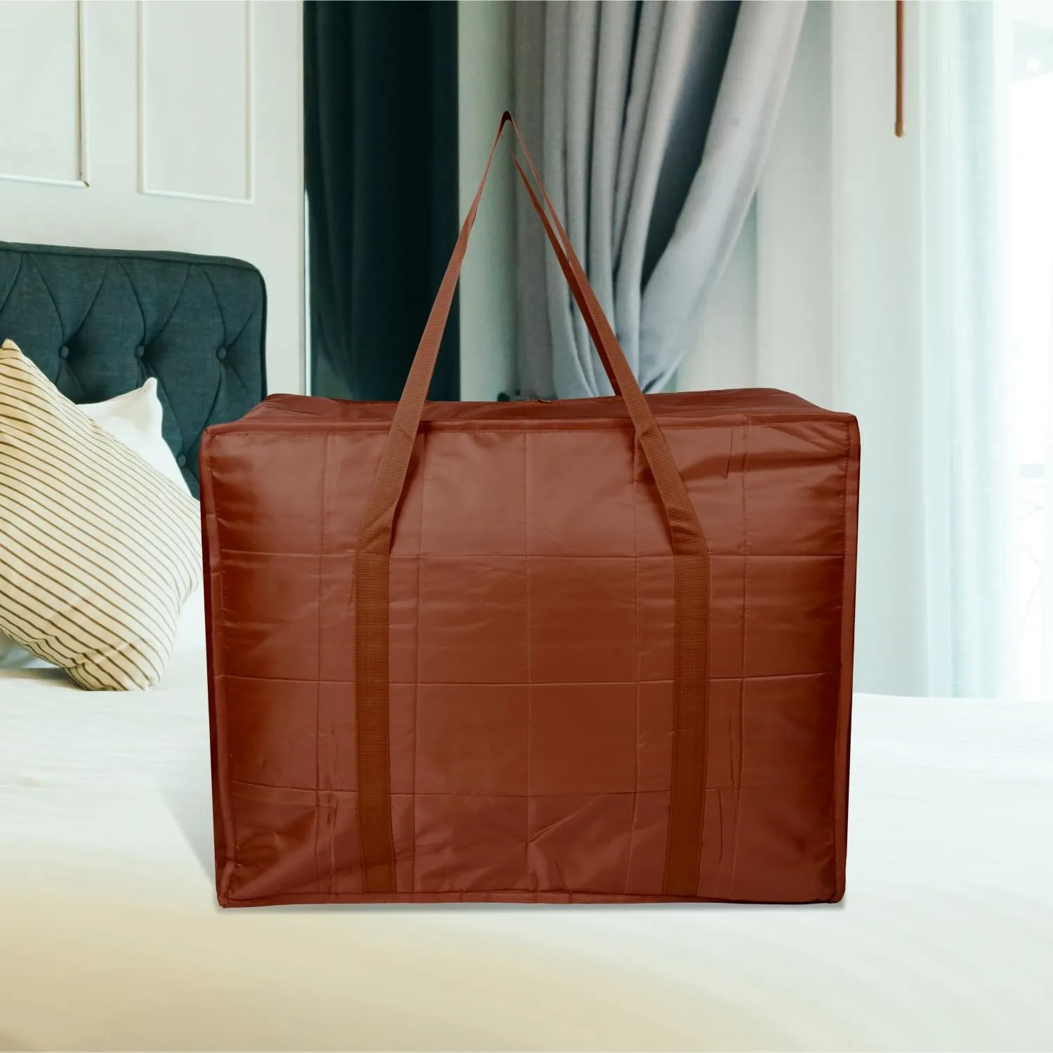 Kuber Industries Storage Attachi Bag | Parachute Travel Storage Bag | Underbed Storage Bag | Storage Organizer for Clothes | Zipper Closure Blanket Bag with Handle | Large | Brown