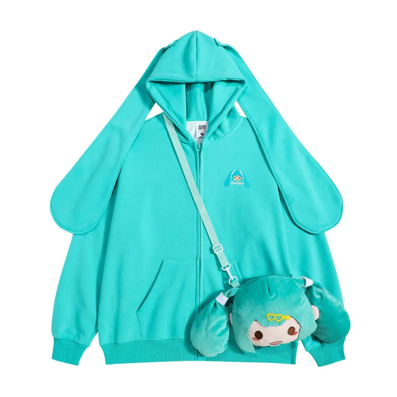 Miku Green & Sakura Miku Pink Anime Girl Sweatshirt Rabbit Ears Hoodie Messenger Bag