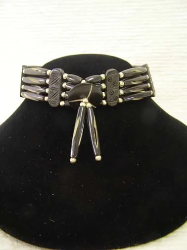 Native American Four-Row Black and Brown Choker with Center Piece