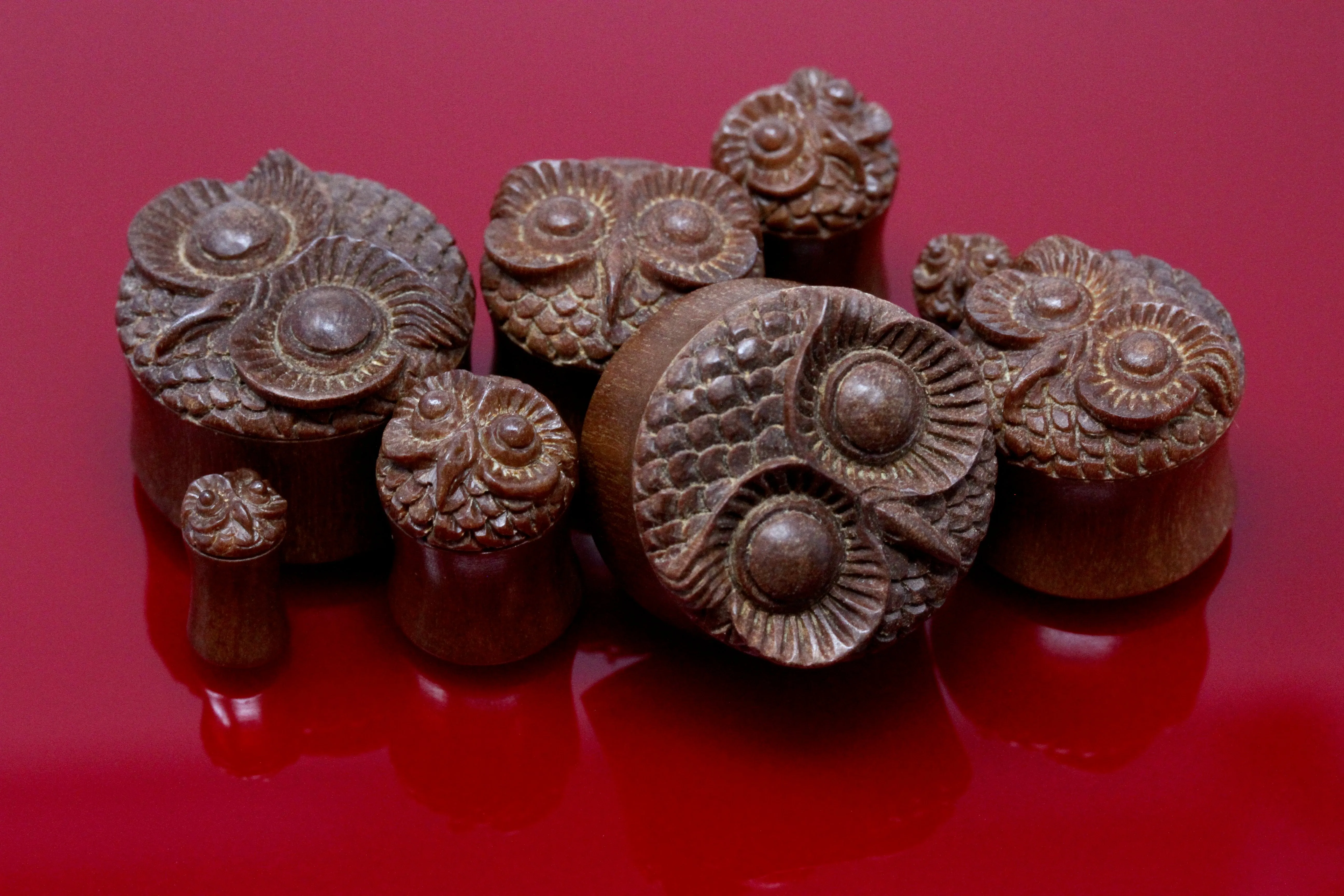 Owl Hand Carved Wood Plugs (Pair) - PA11