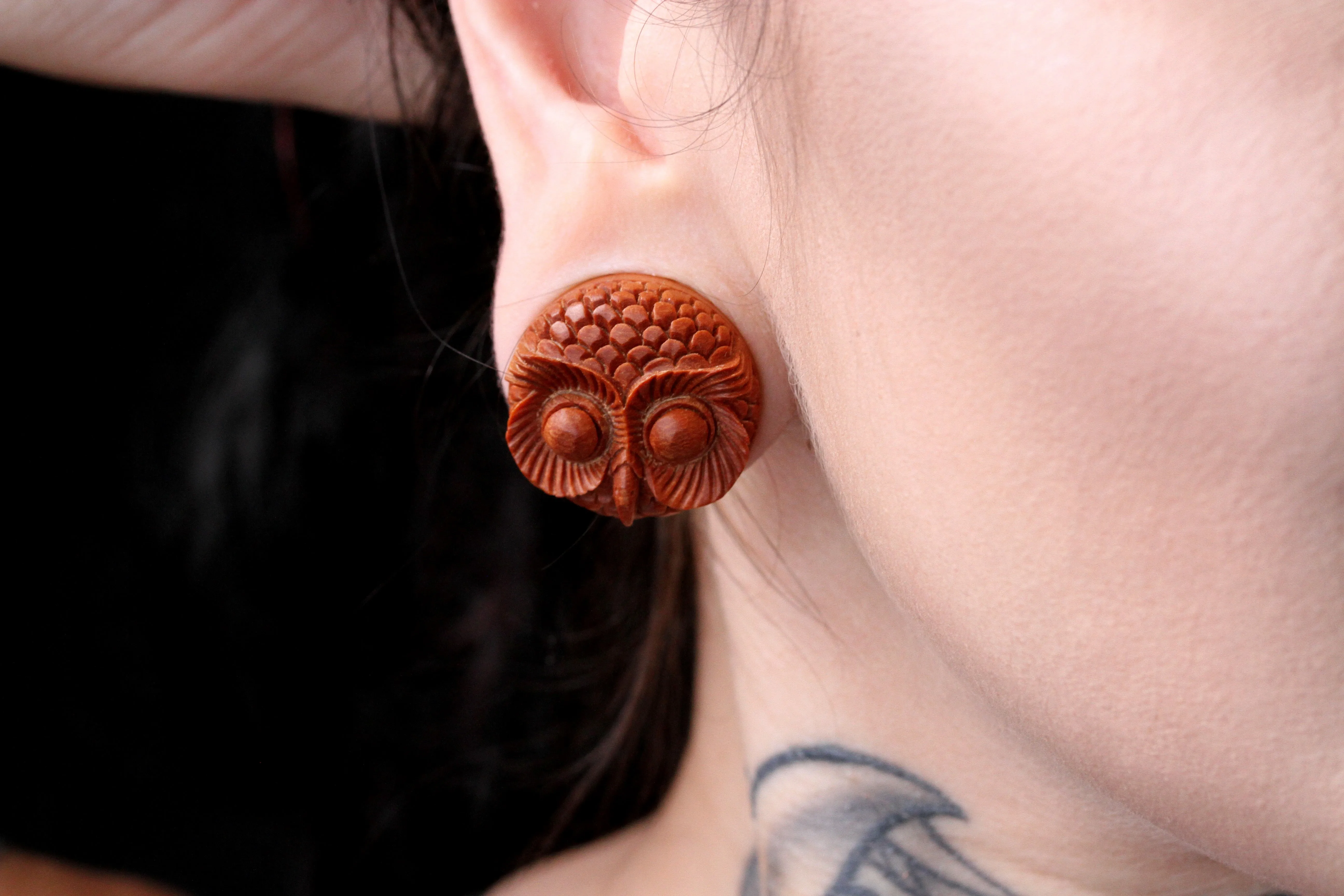 Owl Hand Carved Wood Plugs (Pair) - PA11