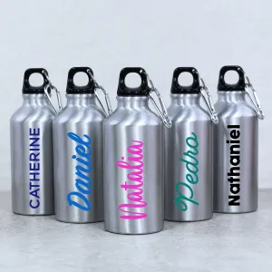 Personalised Silver 400ml Metal Water Bottle with Carabiner Clip