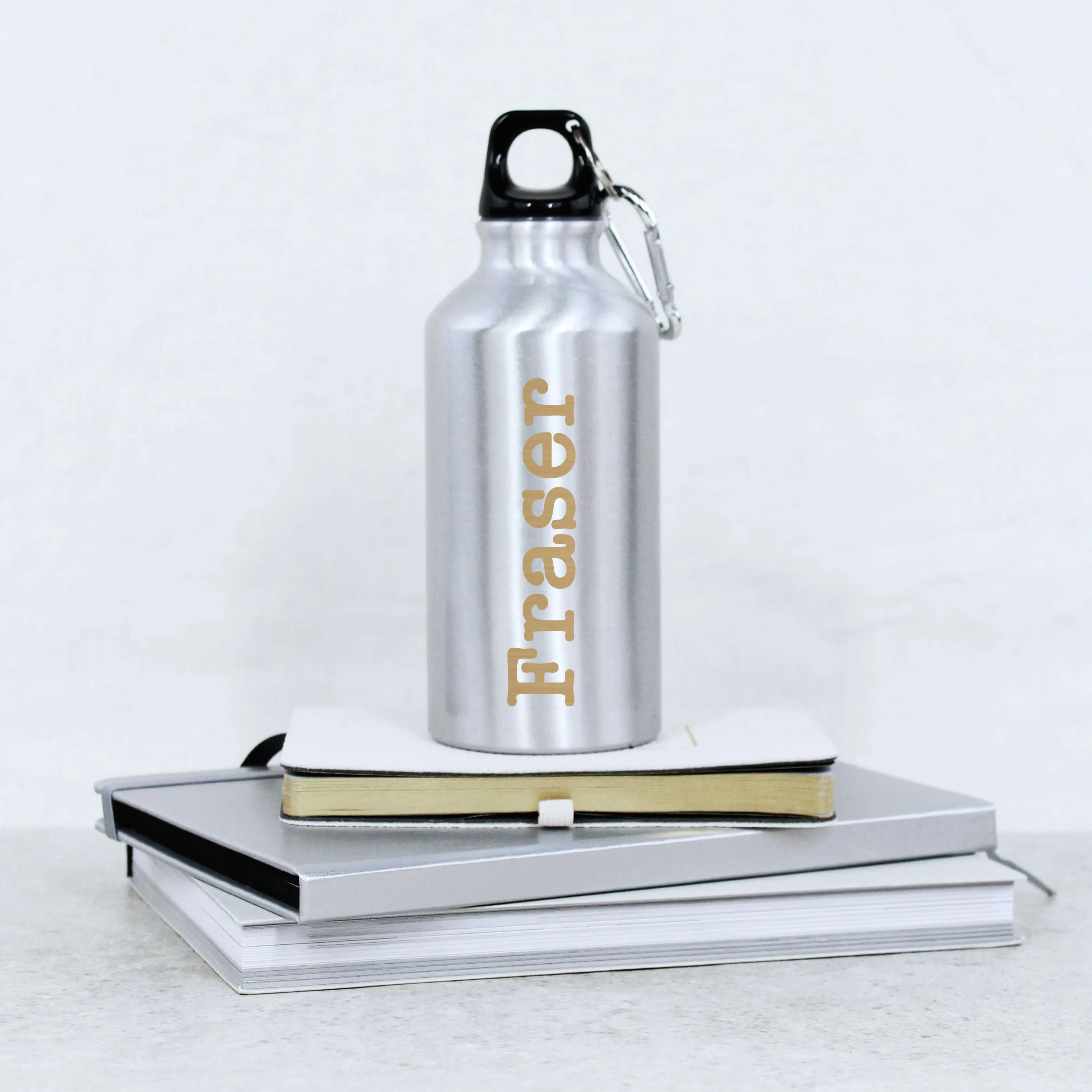 Personalised Silver 400ml Metal Water Bottle with Carabiner Clip