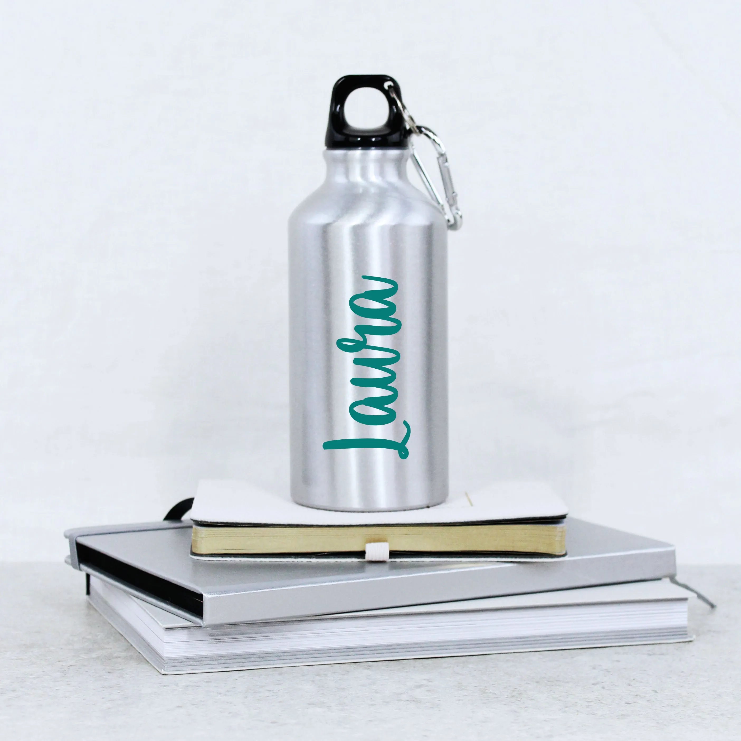 Personalised Silver 400ml Metal Water Bottle with Carabiner Clip