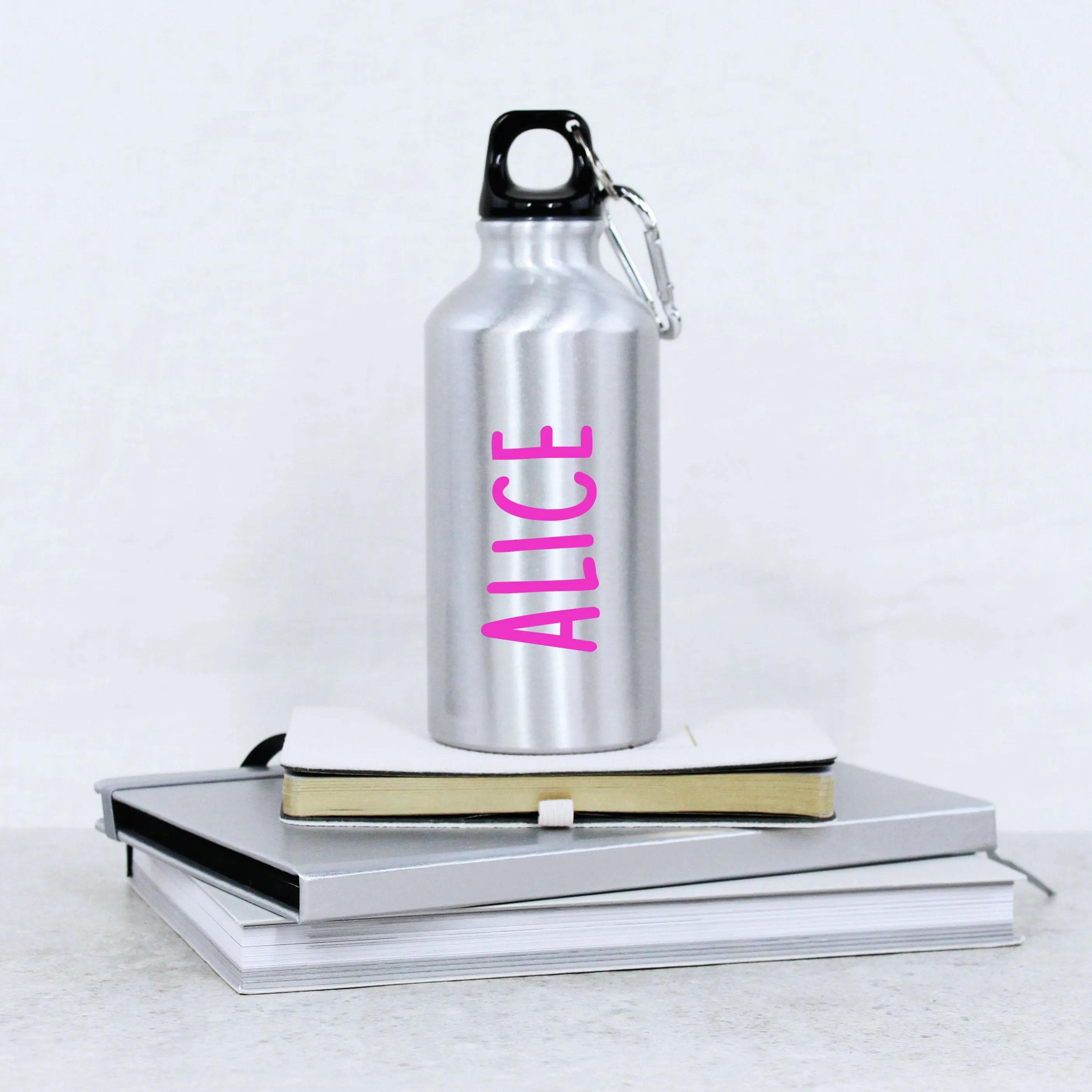 Personalised Silver 400ml Metal Water Bottle with Carabiner Clip