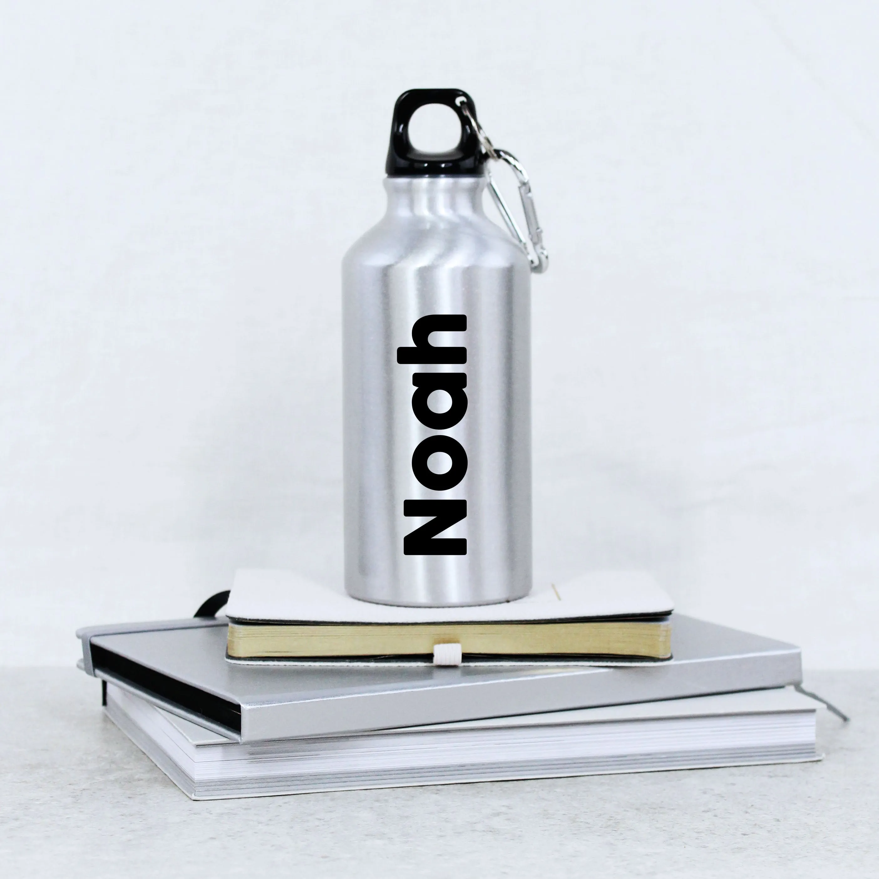 Personalised Silver 400ml Metal Water Bottle with Carabiner Clip