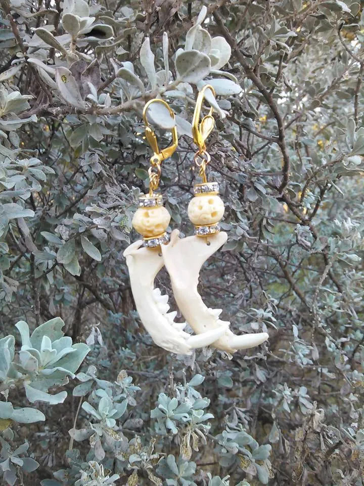 Real Jaw Bone Earrings Carved Bone Beads Mink Skull Mandible Teeth Dangle Drop Gold Earrings Earthy Nature Inspired Wiccan Jewelry