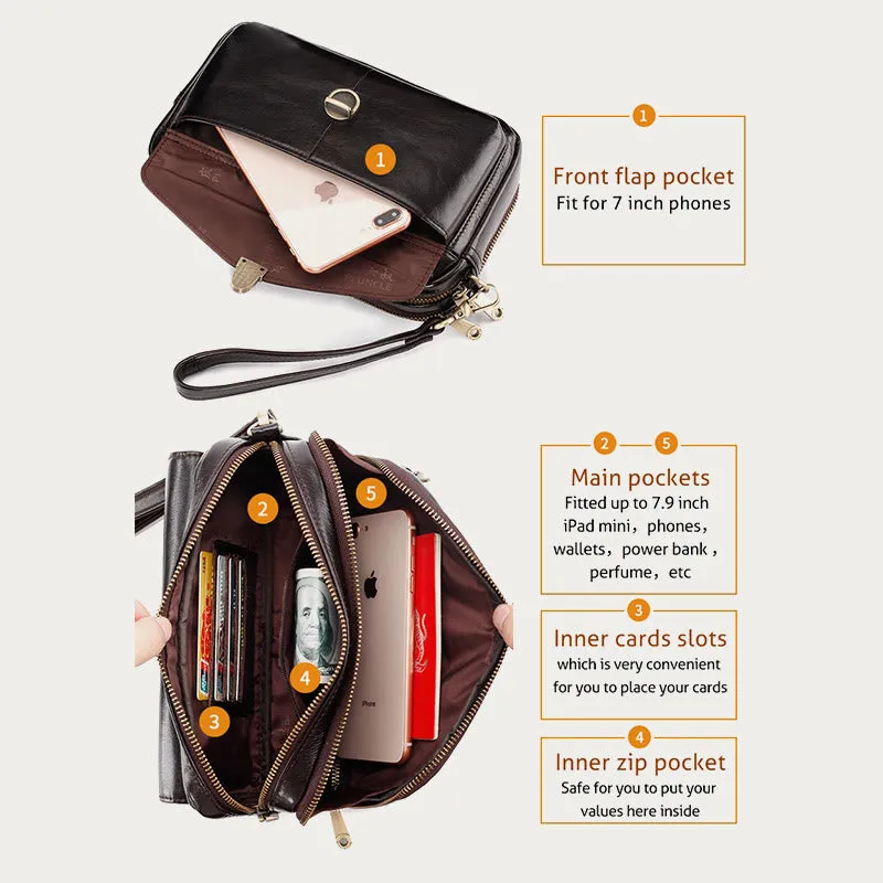 Real Leather Clutch Purse Business Handbag Wrist Bag Fit 7.9" Cellphone