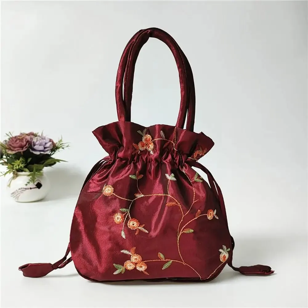 Retro Embroidery Silk Drawstring Handbags Women Purse Wallets Jewerly Packing Storage Bucket Bag Hanfu Accessories