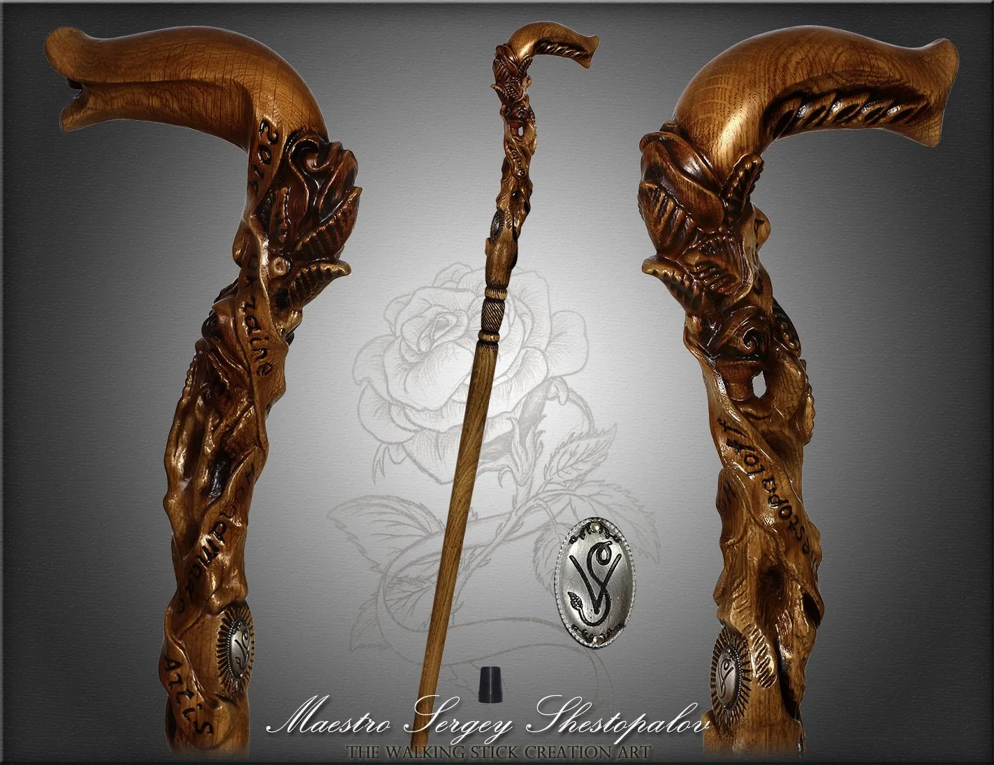 Rose Under the Tree: Artisan Intricate Hand-Carved Cane