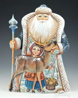 Scenic Russian Santa with Child and Relief Carved Deer