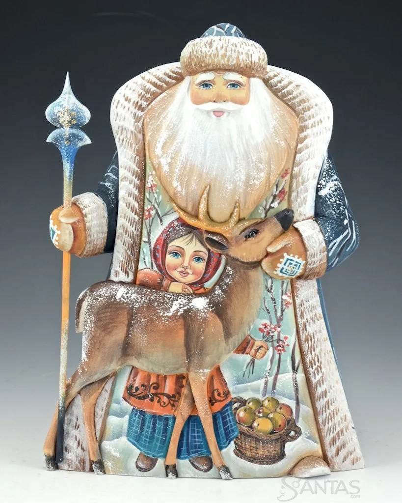 Scenic Russian Santa with Child and Relief Carved Deer
