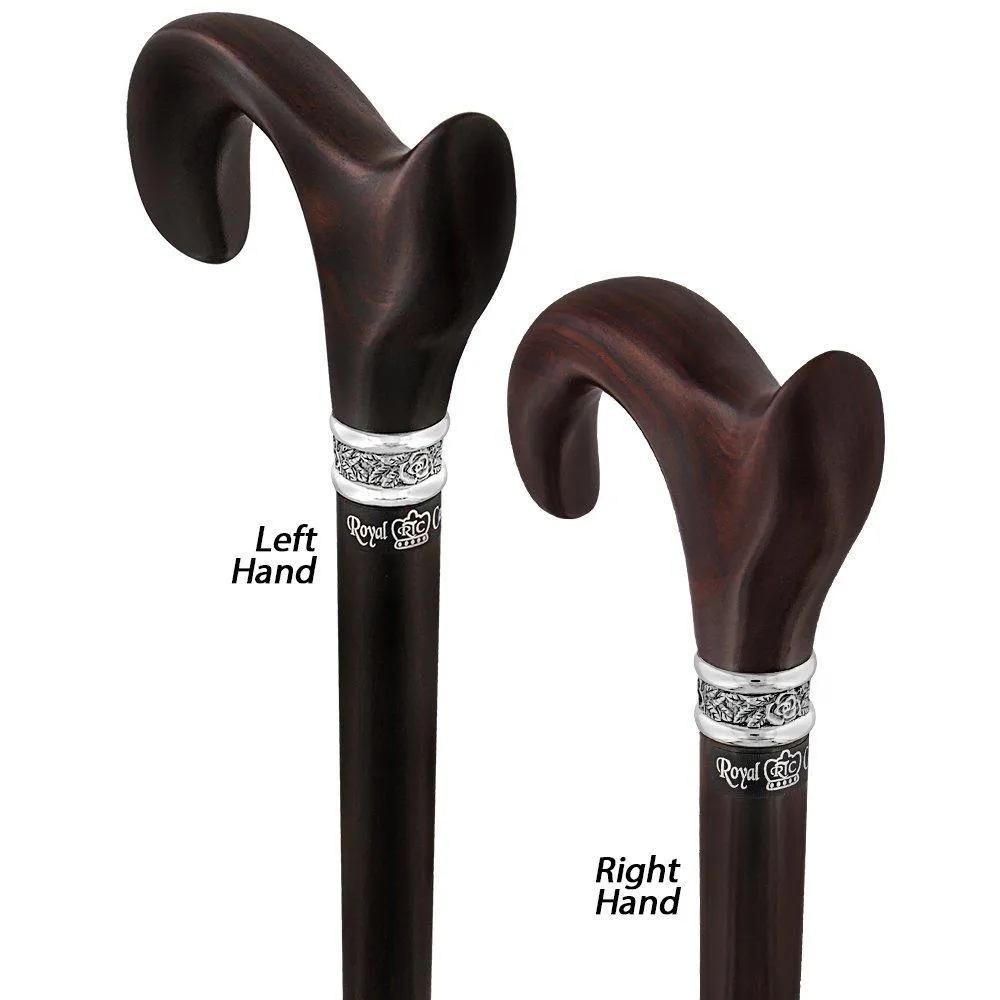 Scratch and Dent Cocobolo Ergonomic Handle Walking Cane With Ebony Shaft and Pewter Rose Collar V3220