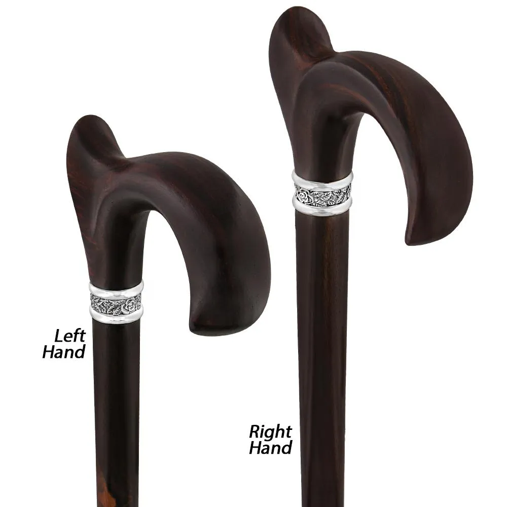 Scratch and Dent Cocobolo Ergonomic Handle Walking Cane With Ebony Shaft and Pewter Rose Collar V3220