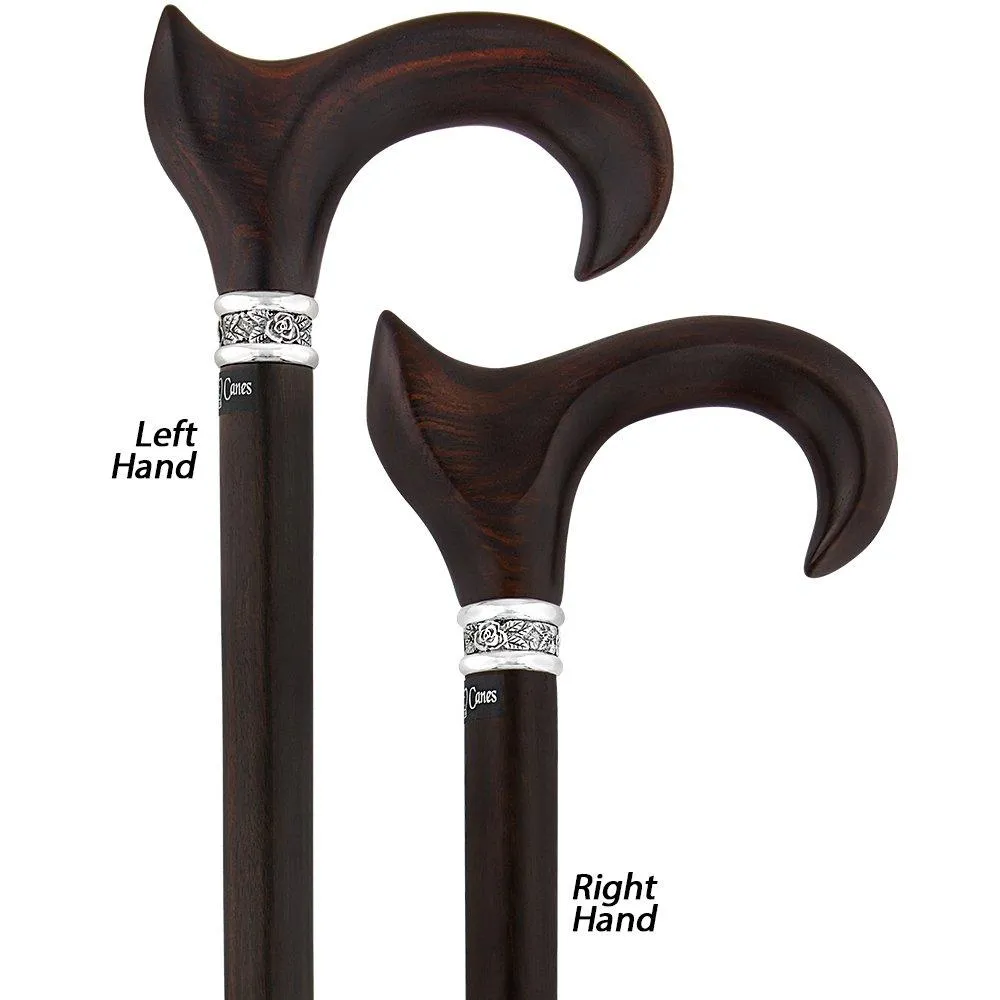 Scratch and Dent Cocobolo Ergonomic Handle Walking Cane With Ebony Shaft and Pewter Rose Collar V3220