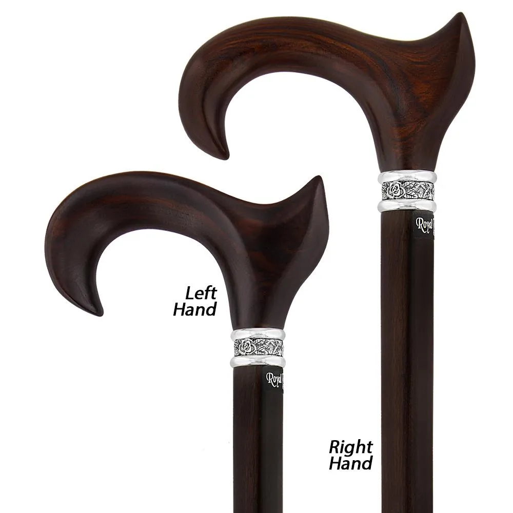Scratch and Dent Cocobolo Ergonomic Handle Walking Cane With Ebony Shaft and Pewter Rose Collar V3220