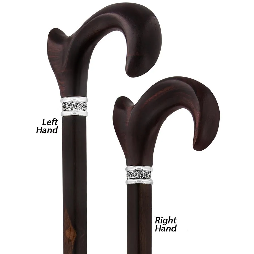Scratch and Dent Cocobolo Ergonomic Handle Walking Cane With Ebony Shaft and Pewter Rose Collar V3220