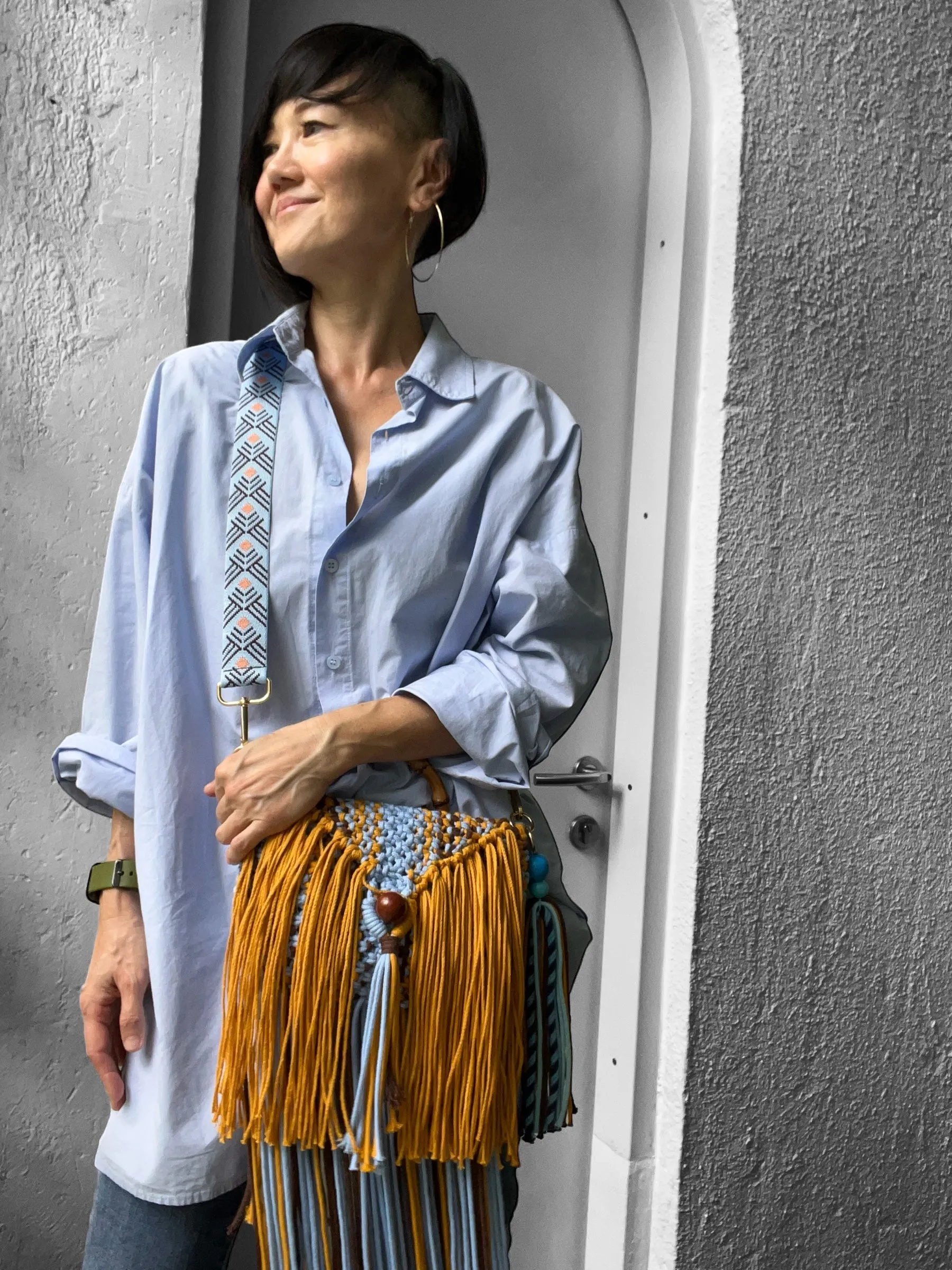 Shiloh Baby Blue and Mustard Doubly Tasseled Baguette Bag