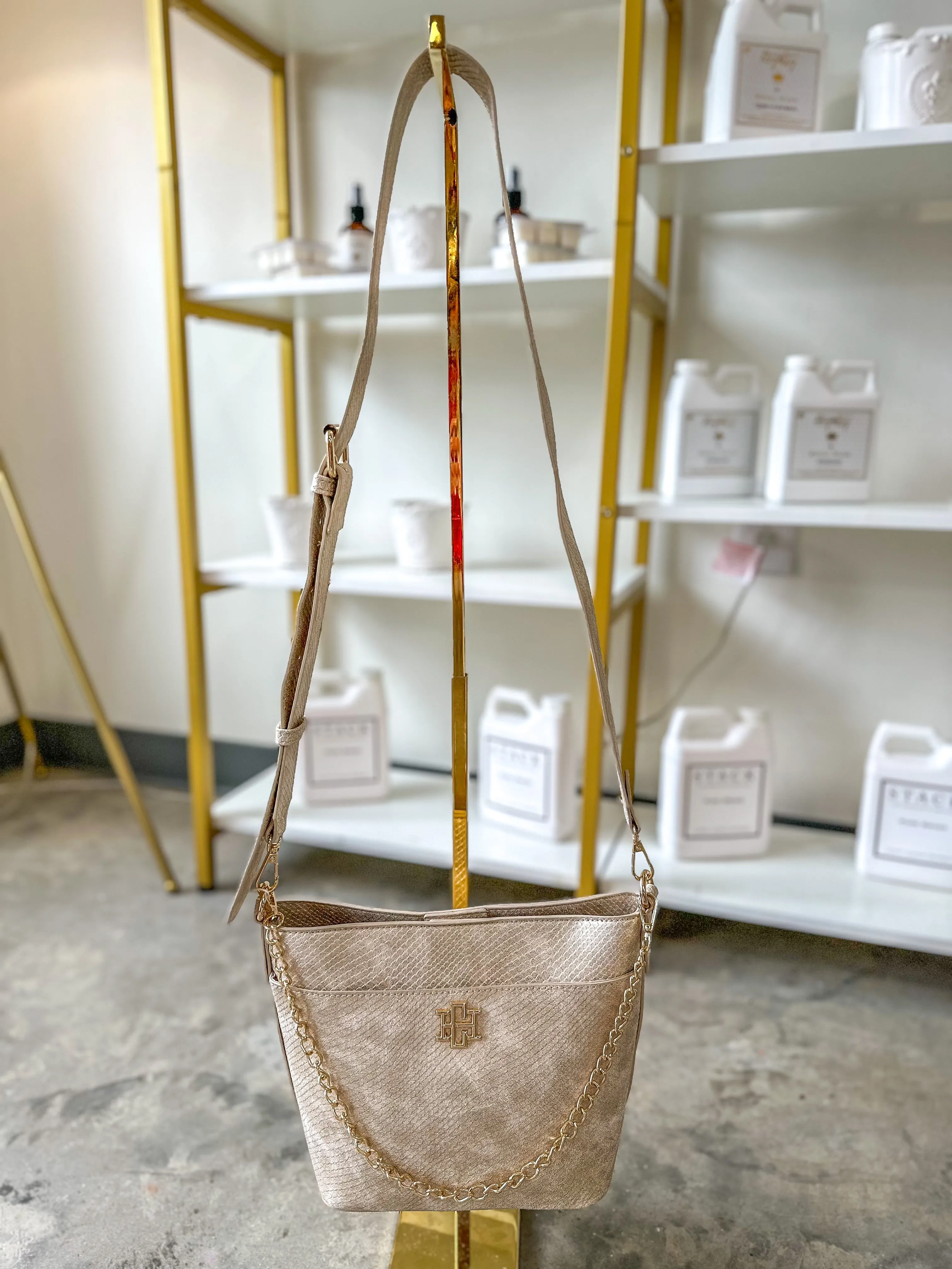 Shimmer Champagne Brielle Bucket Bag Caroline Hill