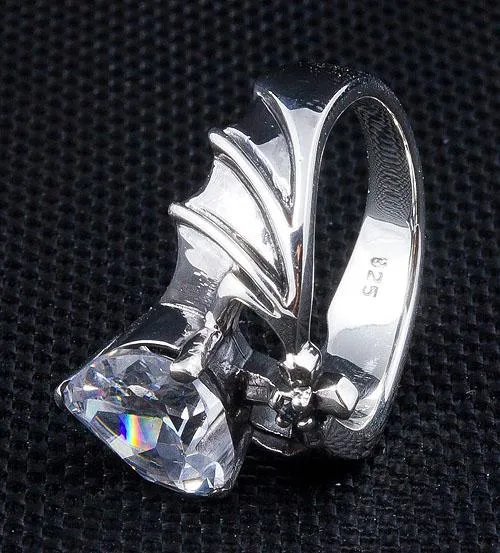 Silver Diamond Heart Bat Wings Ring