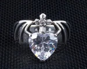 Silver Diamond Heart Bat Wings Ring