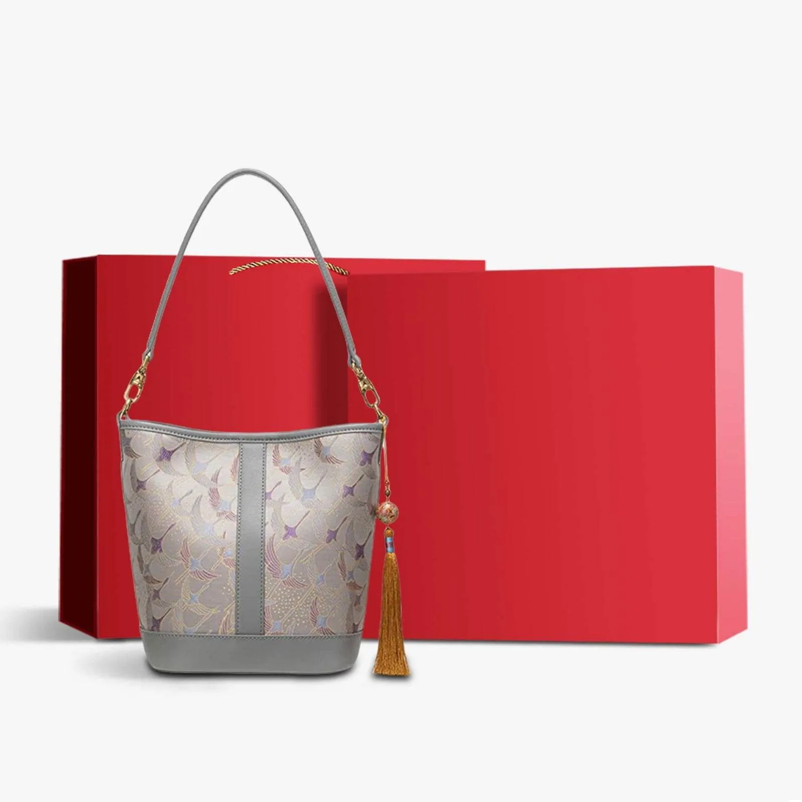 Song Brocade Chinese Bucket Shoulder Bag with Charming Tassel
