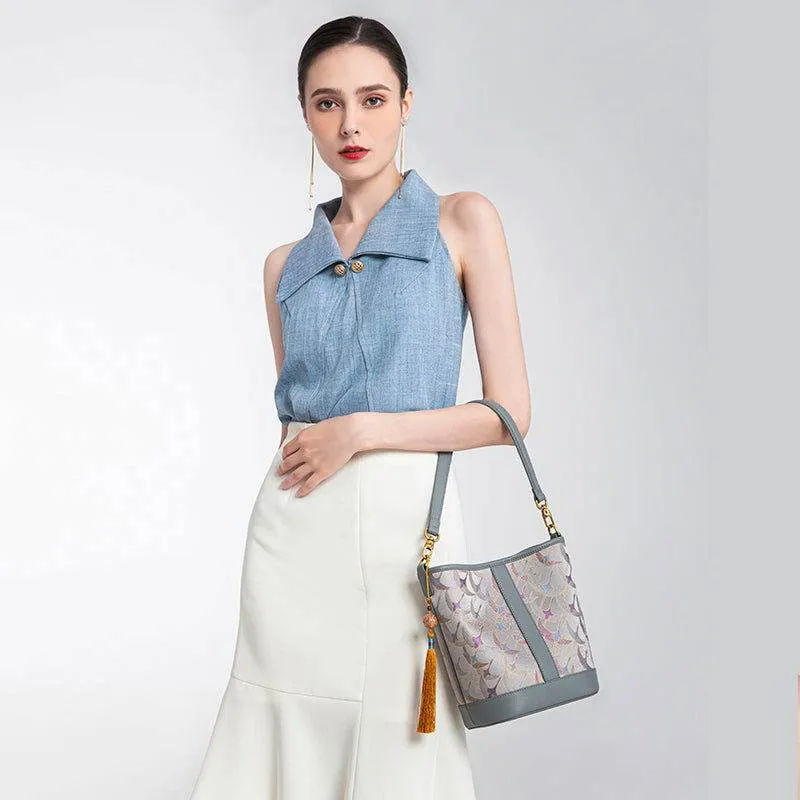 Song Brocade Chinese Bucket Shoulder Bag with Charming Tassel