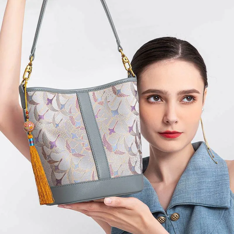 Song Brocade Chinese Bucket Shoulder Bag with Charming Tassel