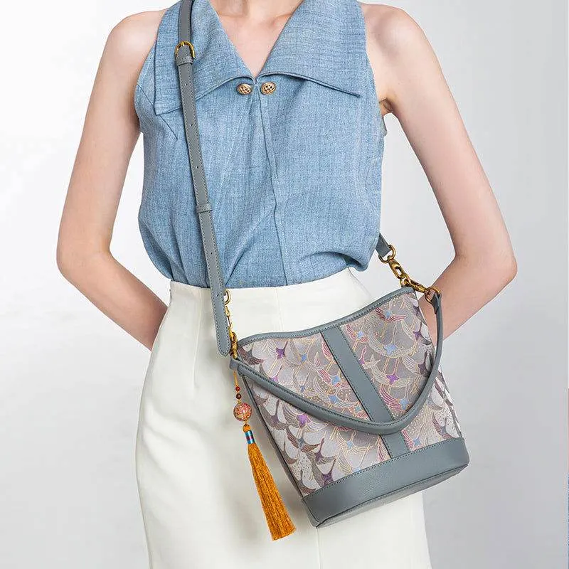 Song Brocade Chinese Bucket Shoulder Bag with Charming Tassel