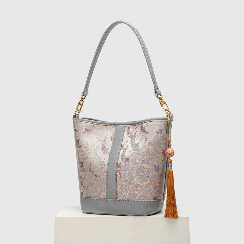 Song Brocade Chinese Bucket Shoulder Bag with Charming Tassel
