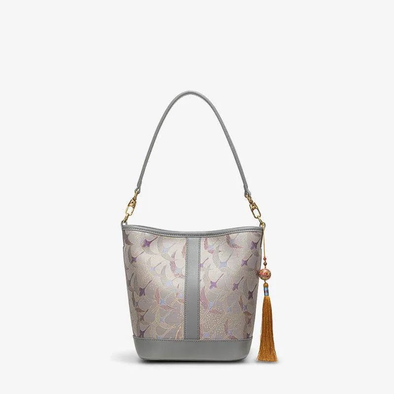 Song Brocade Chinese Bucket Shoulder Bag with Charming Tassel