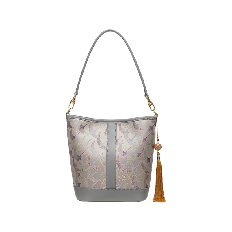 Song Brocade Chinese Bucket Shoulder Bag with Charming Tassel