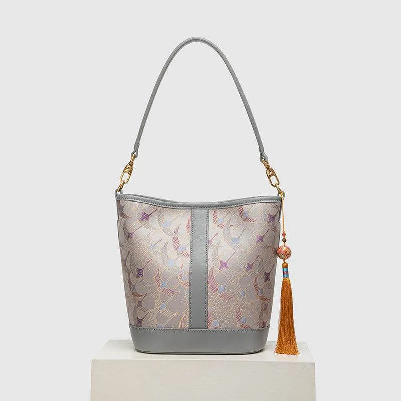 Song Brocade Chinese Bucket Shoulder Bag with Charming Tassel