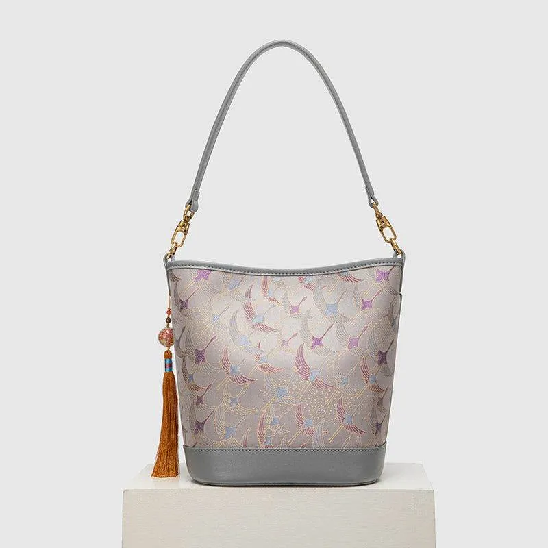 Song Brocade Chinese Bucket Shoulder Bag with Charming Tassel
