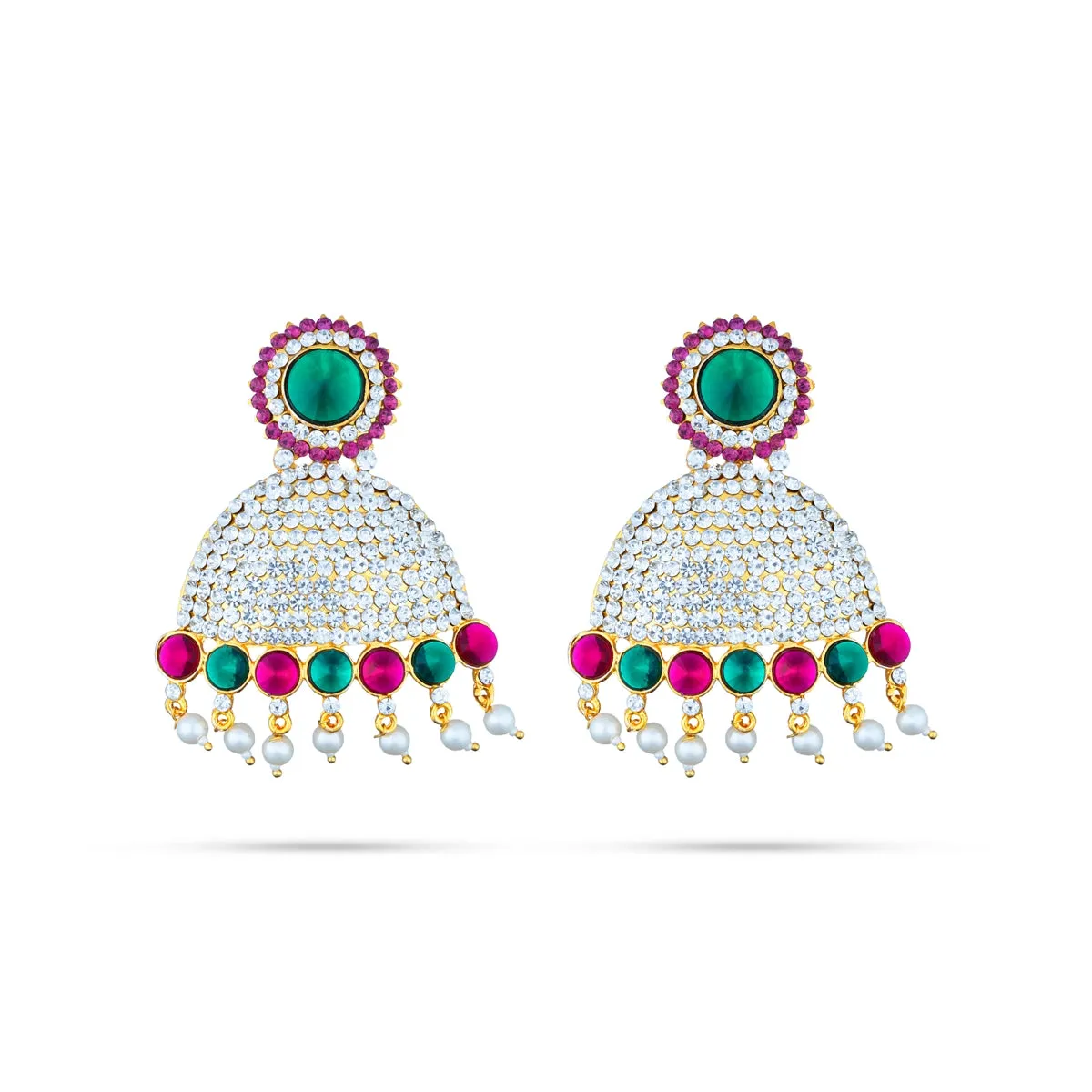 Stone Earring Pair - 3.5 Inches | Stud Earring/ Multicolour Stone With Beads Design Karnapathiram for Deity