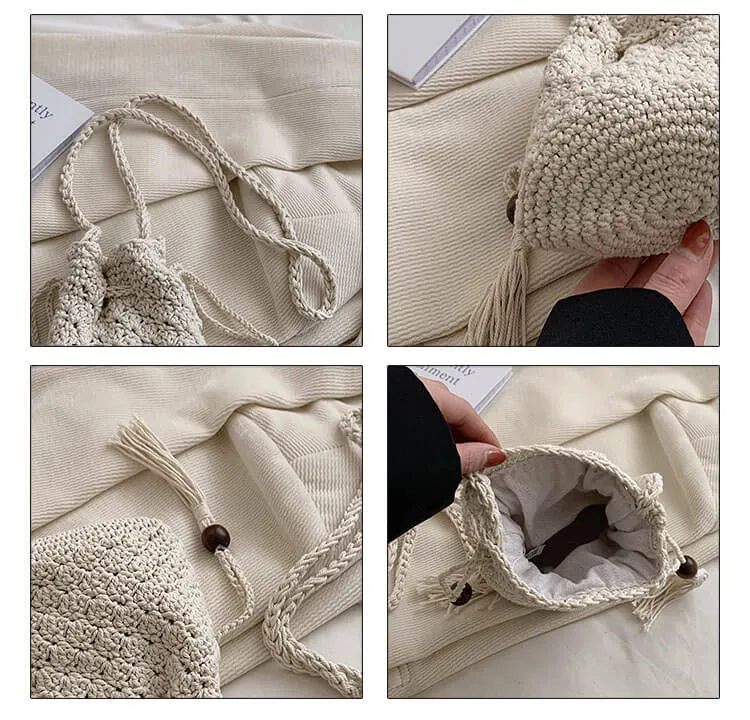 Straw Sling Cross Body Drawstring Bucket Bag-Showtown