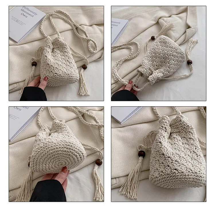 Straw Sling Cross Body Drawstring Bucket Bag-Showtown