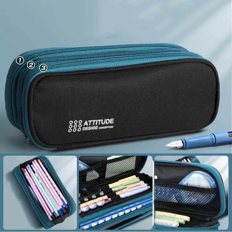 Triple Zip Big Capacity Pencil Case Office College School Pen Pouch